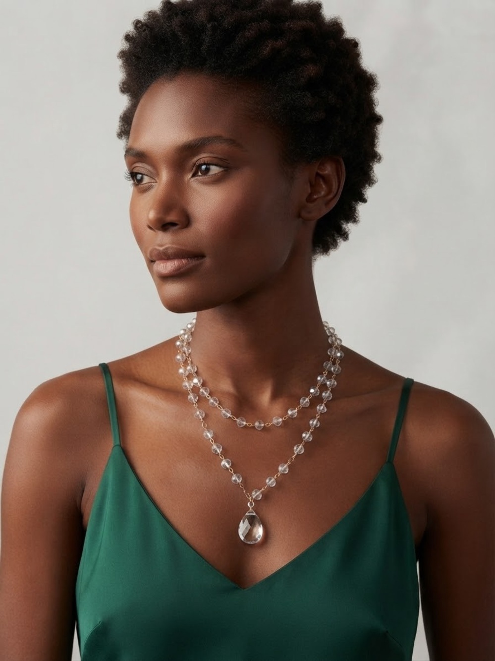 Layered Clear Crystal Bead Necklace with Teardrop Pendant - Women Jewelry